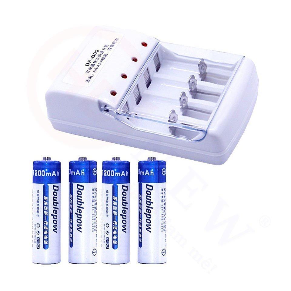 Combo Bộ Sạc Pin + 4 Viên Pin Tiểu AA 1200mAh Doublepow DP-B02 Chuyên Cho Micro Không Dây. Hát 12 Tiếng Liên Tục