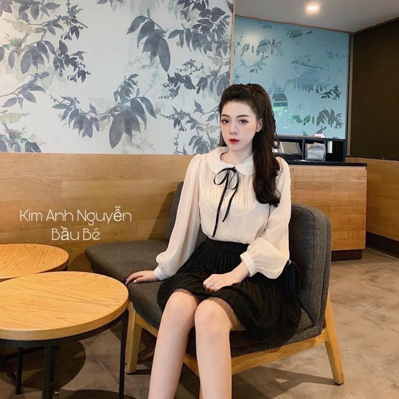 ÁO SƠ MI MÀU BE CỔ SEN XẾP LY NGỰC NƠ ĐEN