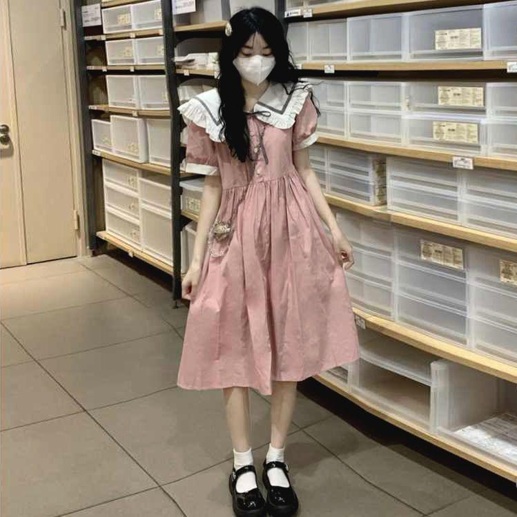 DIYIWEI Ngày hệ ngọt ngào dễ thương đại học gió búp bê cổ ngắn tay áo đầm mùa hè nhỏ giảm tuổi váy chữ a rộng thùng thình(@5