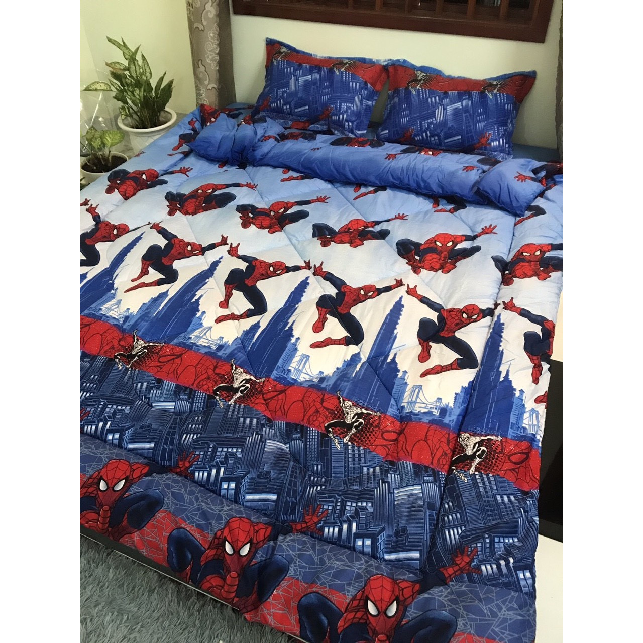 Trọn Bộ Chăn Ga Gối Poly Cotton TM052 - Chăn Chần Phao 5 Món