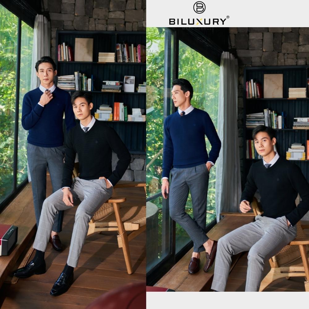 Áo len dài tay nam Biluxury 6ALRB001TTT cổ tròn basic phối logo thêu hiện đại trẻ trung khỏe khoắn