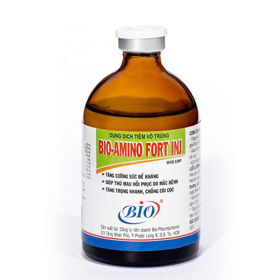BIO AMINO FORT INJ chai 100ml dung dịch tiêm tăng cường sức đề kháng, giúp thú mau hồi phục do mắc bệnh, tăng trọng nhanh, chống còi cọc