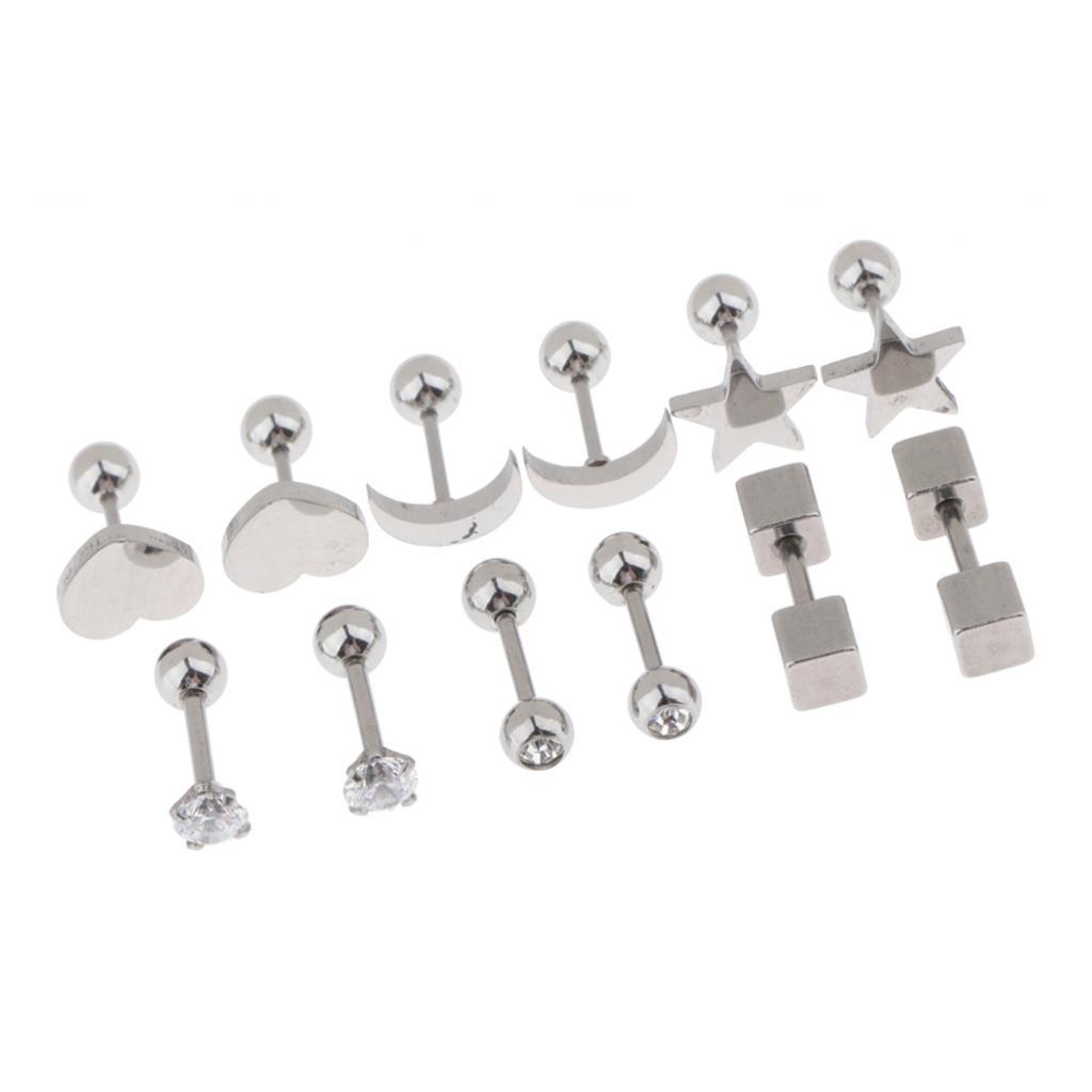 2X 6 Pairs Stainless Steel Ball Screw Back Earrings Star Heart Moon Stud Silver