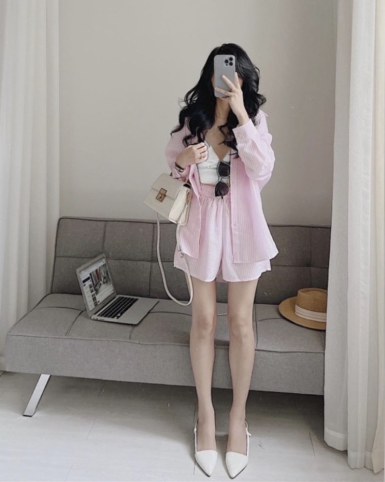 SET ÁO CROPTOP DÂY BRA BIKINI CARO + ÁO SƠ MI PASTEL FORM RỘNG + QUẦN NGẮN LƯNG CAO ỐNG RỘNG ĐI BIỂN DẠO PHỐ