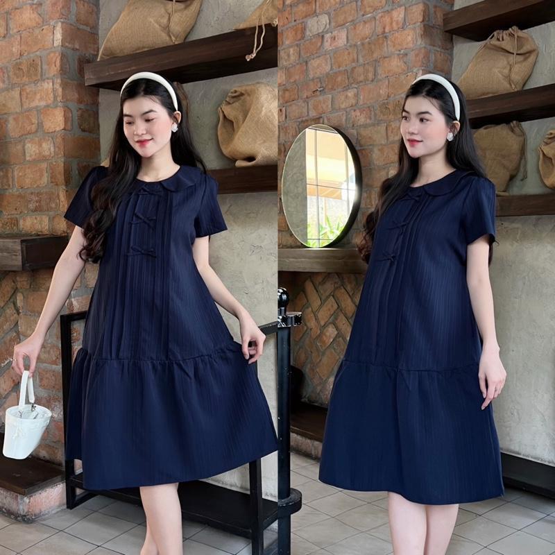 Đầm bầu cổ sen đính nơ dễ thương form đuôi cá gọn dáng, thanh lịch chất xốp Hàn Váy bầu dễ thương - Xanh đen