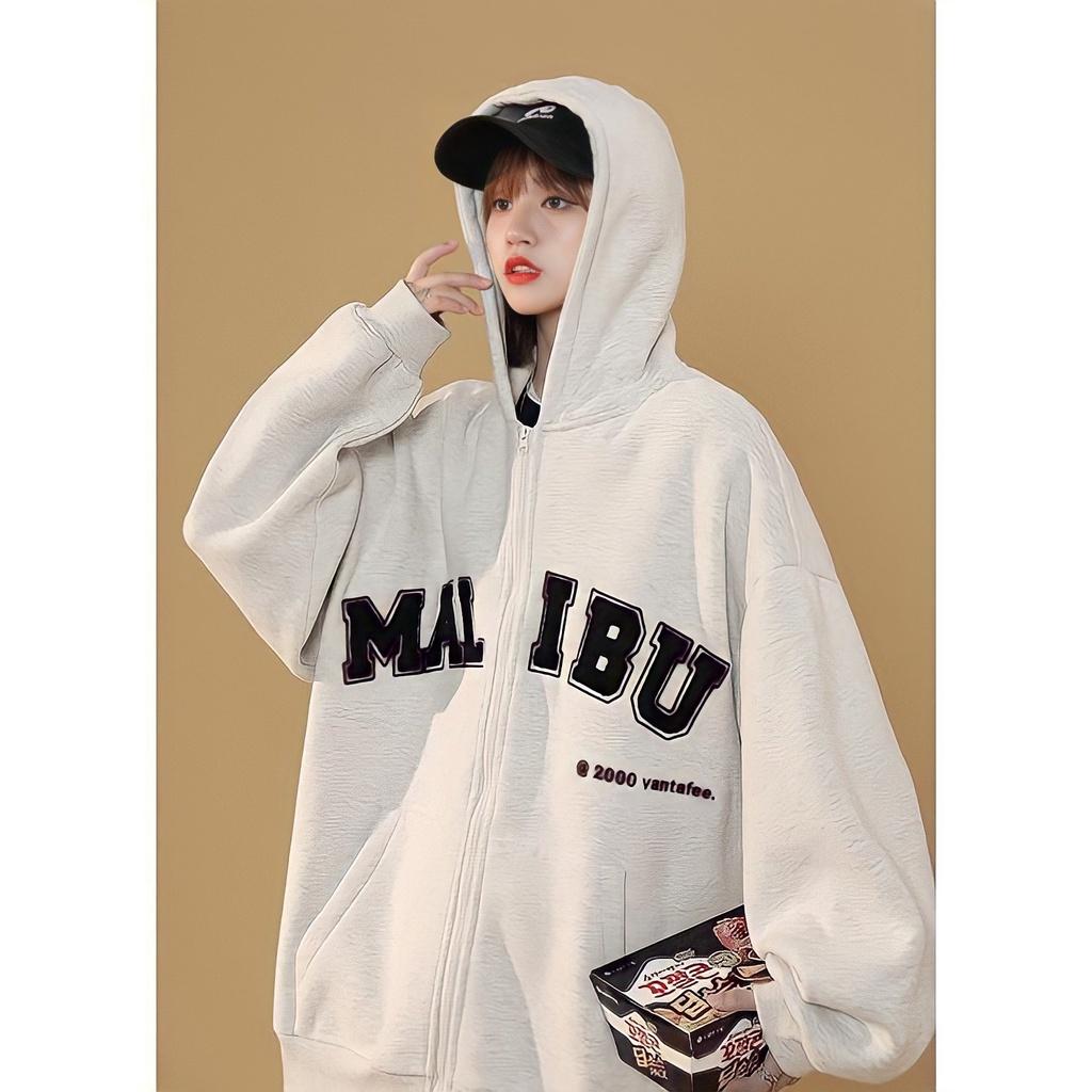 Áo Hoodie Zip Nỉ Ngoại Nam Nữ Dáng Thụng In Chữ MALIBU