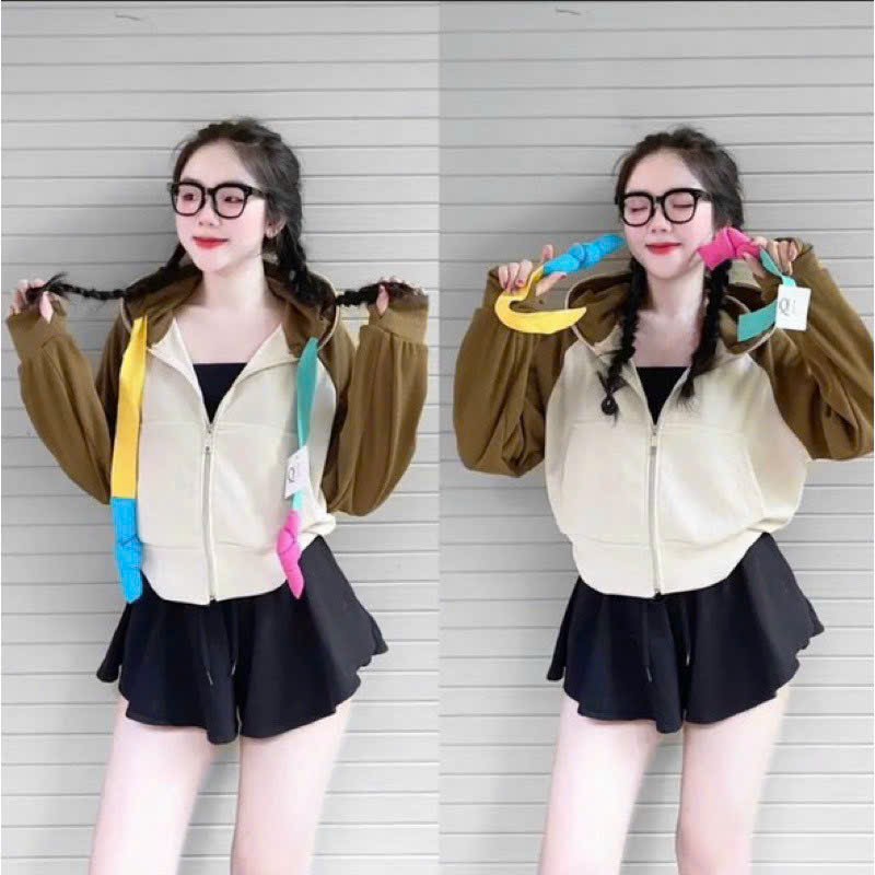 Áo khoác nữ chất LEN GÂN QC tay phối raplan thiết kế nón rộng tay xỏ ngón dây kéo cao