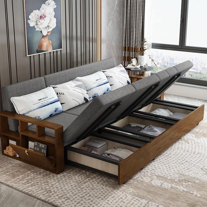 Giường Sofa Gấp Gọn Thành Ghế Tay Gỗ Khung Kim Loại Chịu Lực Sơn Tĩnh Điện Có Ngăn Chứa Đồ Tiện Ích