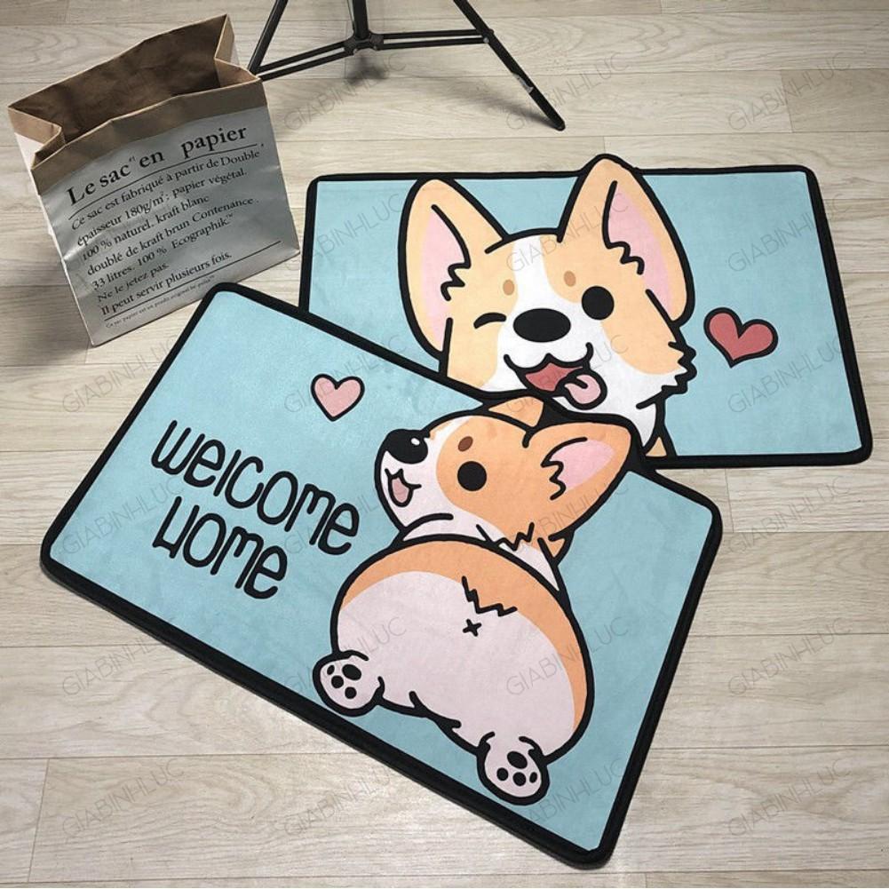 Thảm Lau Chùi Chân 3D Chống Trơn Trượt Thấm Nước Nhà Tắm Phòng Bếp Hình Chó Corgi Cute Dễ Thương