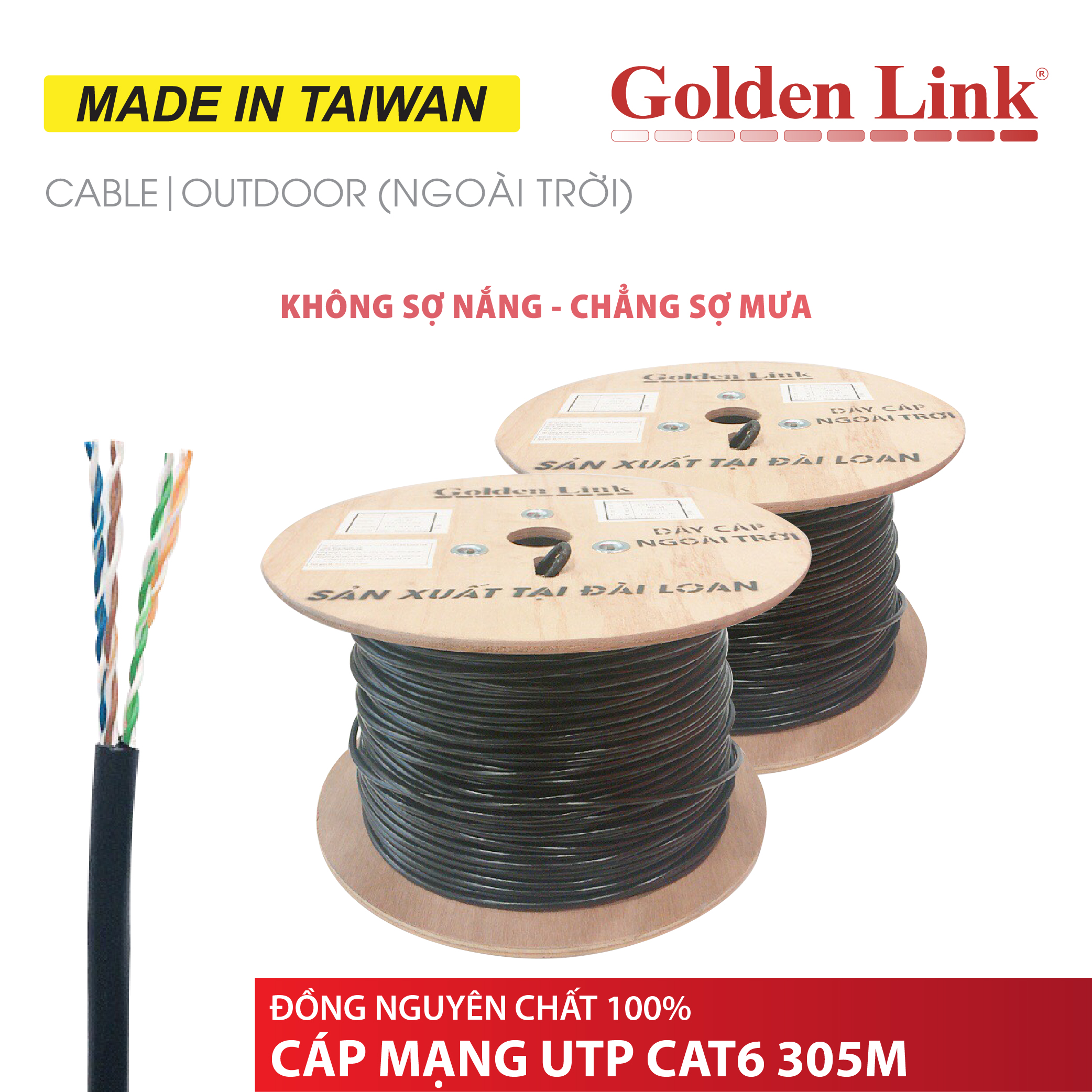 Cáp Mạng đi ngoài trời CAT6 UTP Đồng Nguyên Chất 305m- Màu đen - Hàng chính hãng