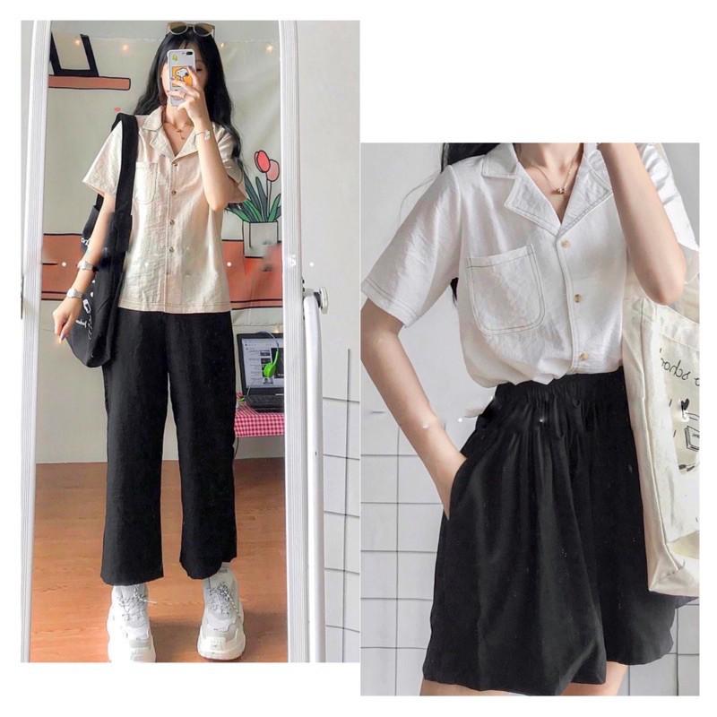 Áo sơ mi kiểu nữ cộc tay cổ vest viền chỉ freesize, Áo sơ mi nữ ngắn tay thô đũi - myl.fashion