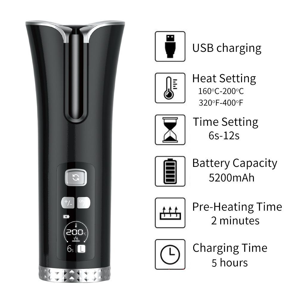 Máy uốn tóc tự động không dây, sạc USB, màn hình LED hiển thị nhiệt độ