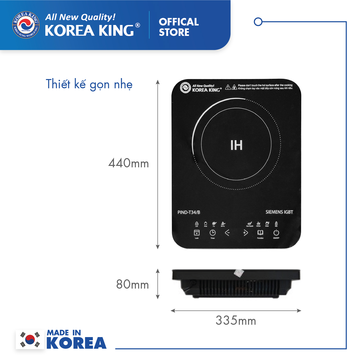 Bếp điện từ Korea King PIND-T34B (bếp đơn, mặt kính cường lực, công suất 1800W ) - Hàng chính hãng