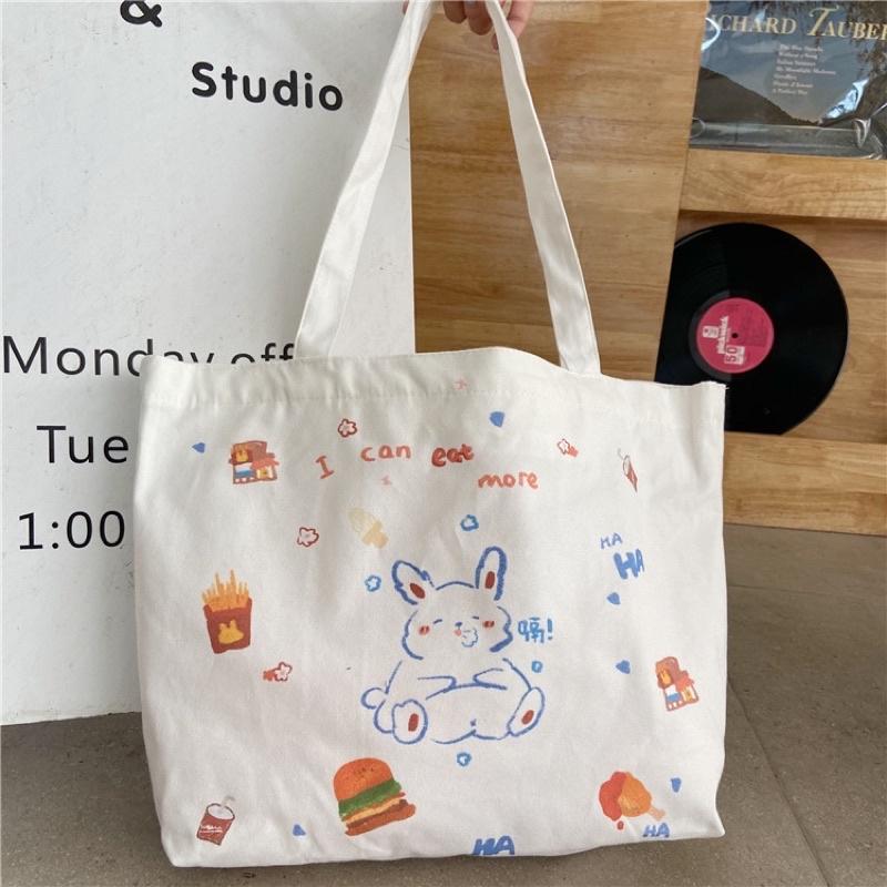 Túi Tote Túi Vải Canvas đeo vai Hình thú phong cách Hàn Quốc Cute có dây kéo và ngăn phụ