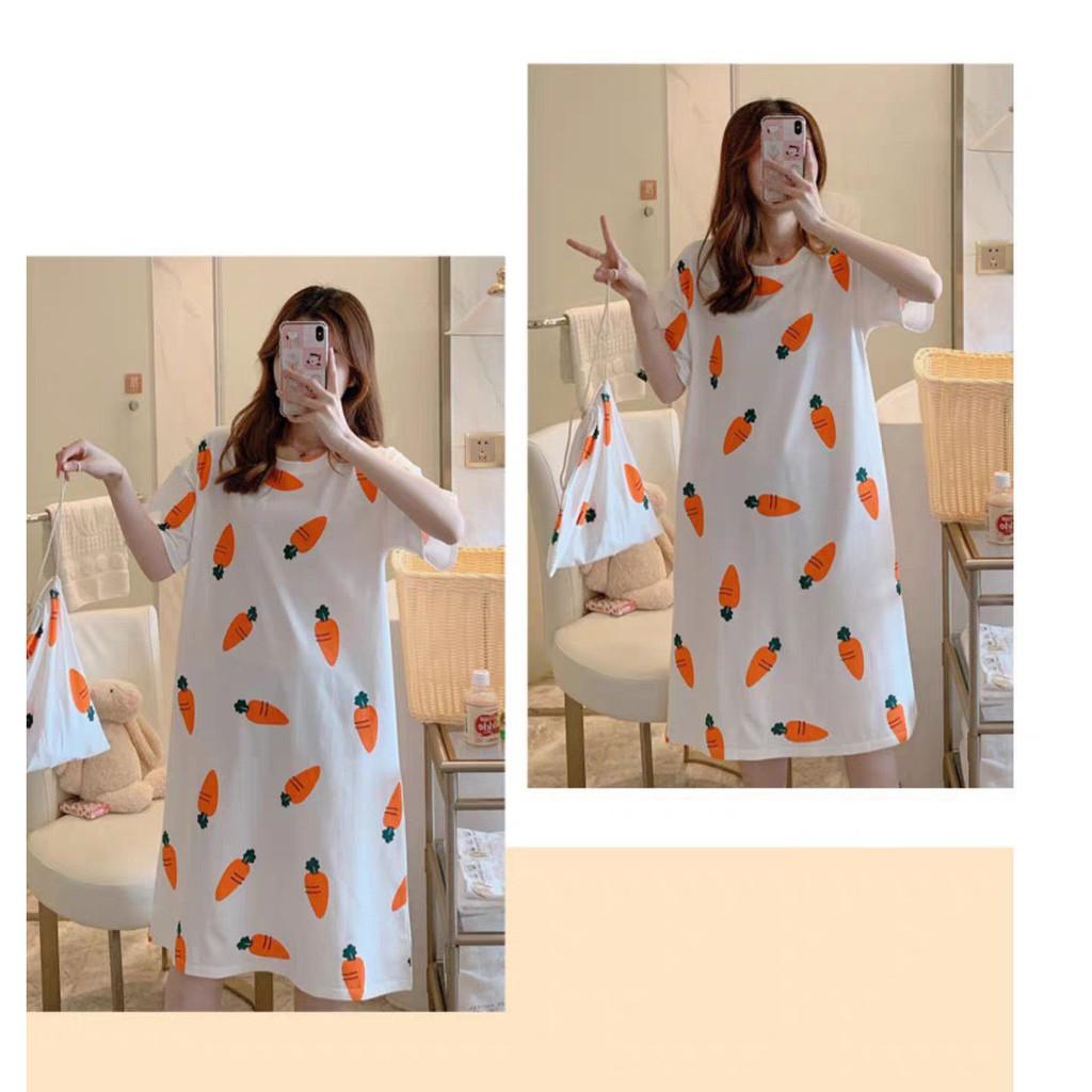 Váy ngủ, váy mặc nhà cộc tay dáng suông chất cotton mềm mát họa tiết hoạt hình dễ thương V285