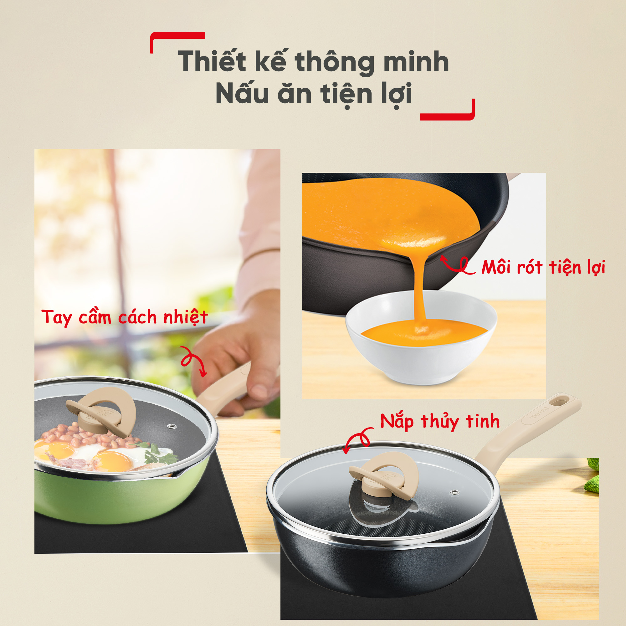 Chảo nồi có nắp chống dính đa năng Tefal One Pick Pot Pan 3 trong 1 - 22cm - Hàng chính hãng