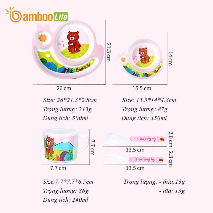 Khay ăn dặm sợi tre Bamboo Life an toàn cho bé- Bộ chén ăn dặm cao cấp 5 chi tiết thìa, dĩa, khay, bát, cốc hình Sên