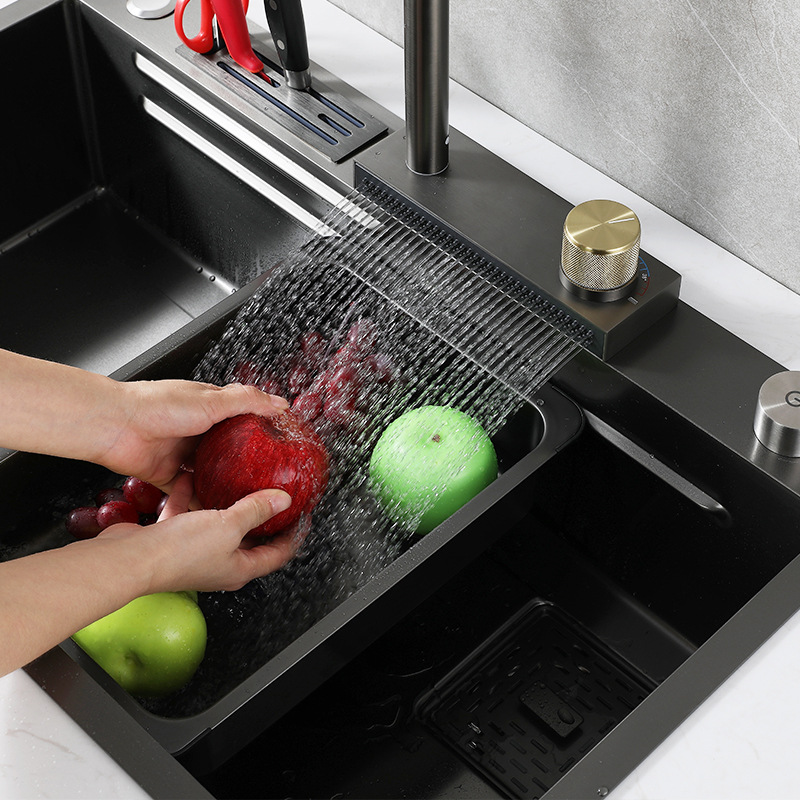 Bộ chậu rửa bát thác nước cao cấp có ngăn cài dao tiện lợi vòi nóng lạnh chậu đúc SUS inox 304 dày mạ Nano