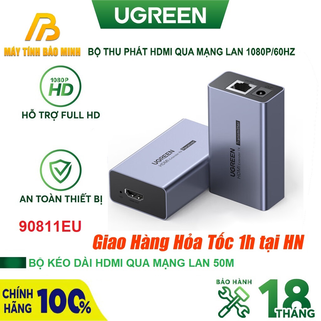 Bộ kéo dài HDMI qua dây mạng Cat5/Cat6 50 mét Ugreen 90811EU ( Bộ 2 cái+Adapter ) - Hàng Chính Hãng