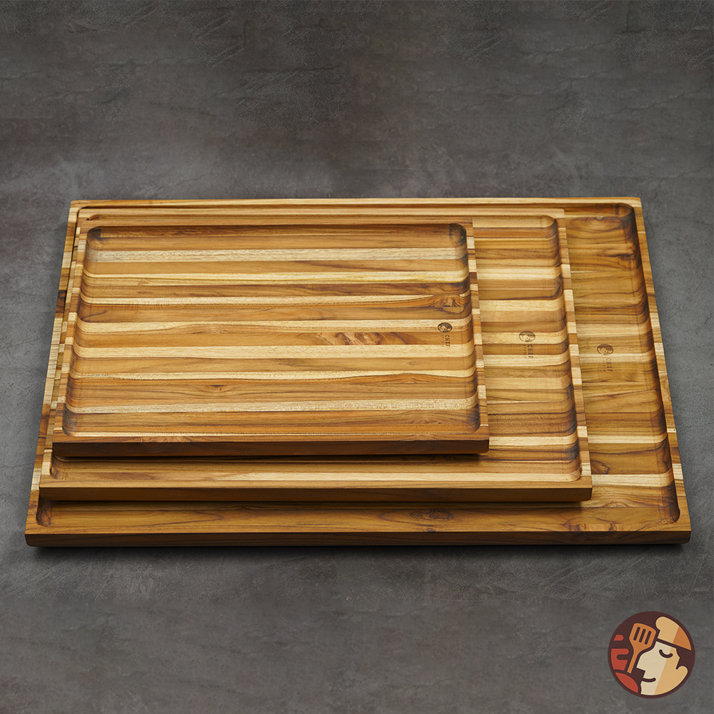 Khay gỗ Teak Chef Studio cao cấp hình chữ nhật, độ dày 2 cm và 3.8 cm dùng decor, trang trí đồ ăn