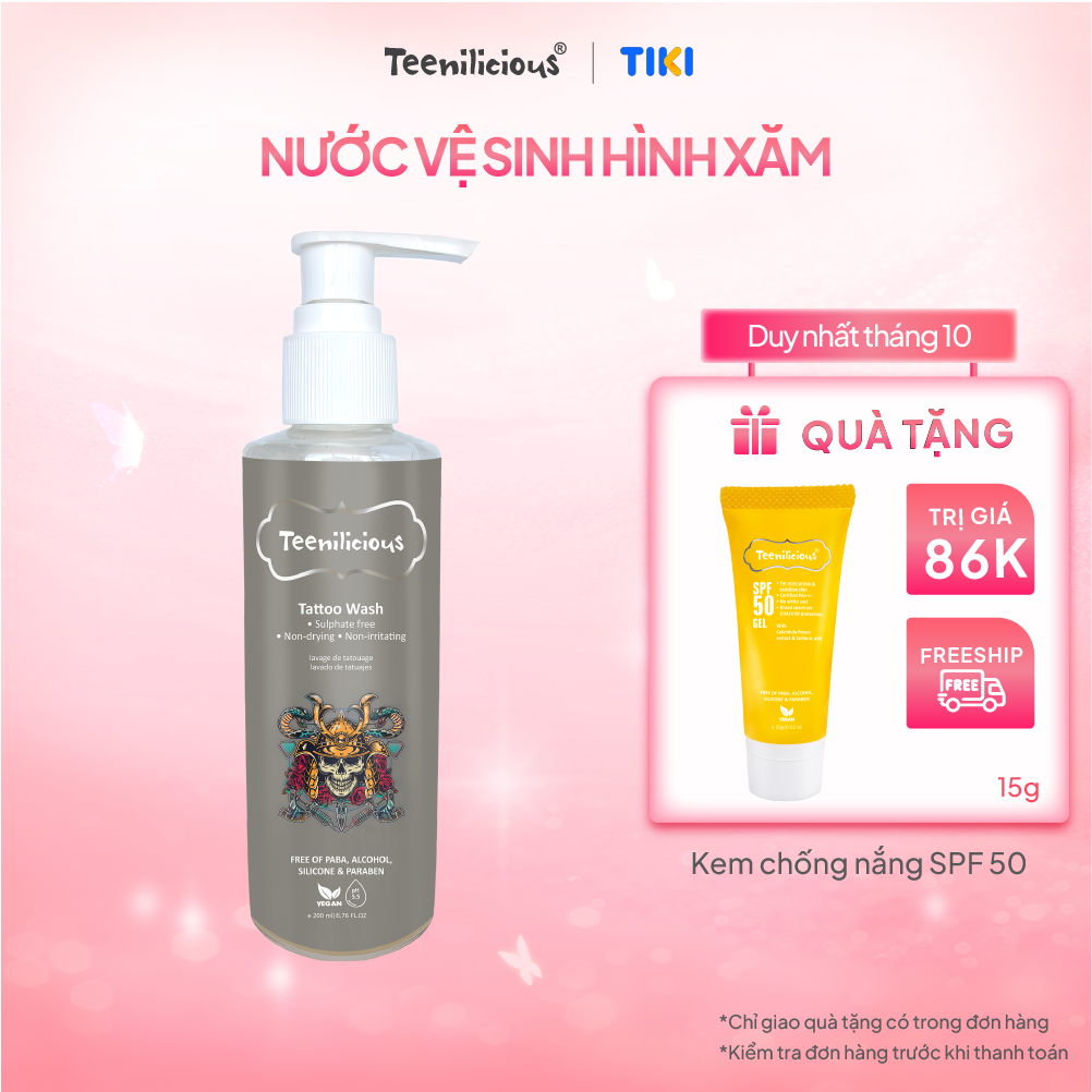Nước Vệ Sinh Hình Xăm Teenilicious Tattoo Wash Giúp Làm Sạch Dịu Nhẹ, Dưỡng Ẩm Mềm Mịn Da Xăm 200ml