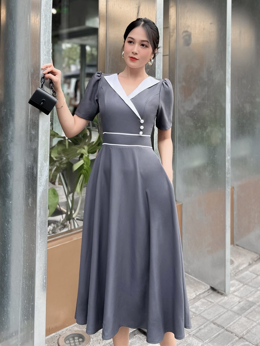 [HCM] Đầm xòe cổ phối trắng thanh lịch D107 - Khánh Linh Style