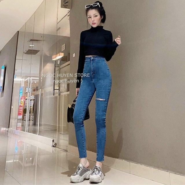 Quần jeans ôm body lưng siêu cao nút kiểu, quần jean nữ quần bò -j20