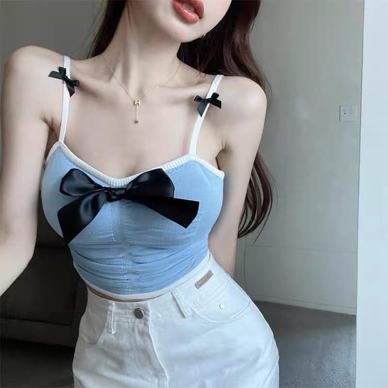 MS625 Áo hai dây nữ kiểu rúm ngực đính nơ croptop
