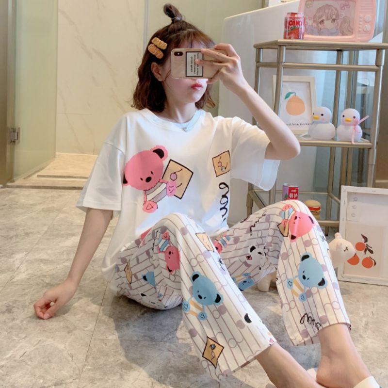 Đồ bộ thun quần dài, đồ mặc ở nhà Quảng Châu, họa tiết hoạt hình gấu dễ thương Đồ bộ nữ, đồ bộ đồ mặc nhà, quần áo nữ bộ lửng cotton hình