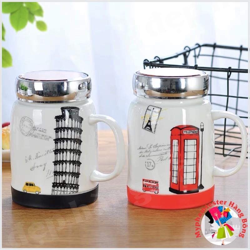 Cốc sứ uống nước hoạ tiết nắp gương kèm thìa inox 500ml
