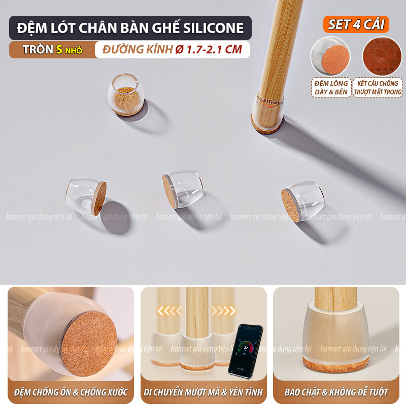 SET 4 Đệm Lót Chân Bàn Ghế Vuông Tròn Chống Ồn Hamart Bọc Chân Ghế Gỗ Silicone Chống Xước Sàn Nhà