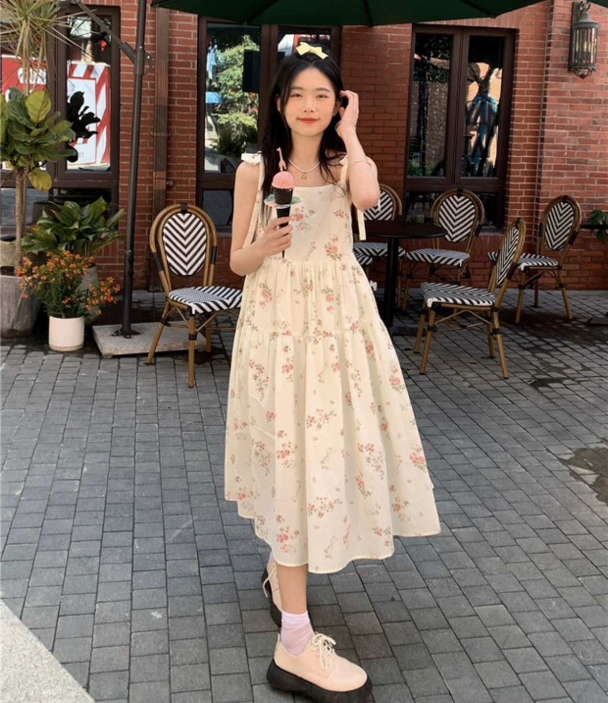 Váy 2 dây buộc nơ bánh bèo hàng 2 lớp ulzzang hàn quốc