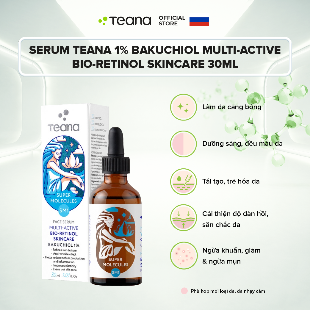 Serum Teana 1% Bakuchiol SM1 Super Molecules Multi-Active Bio-Retinol dưỡng ẩm, làm sáng và trẻ hóa da - 30ml