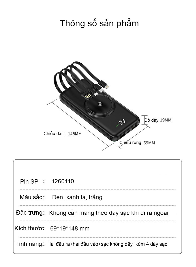 Sạc dự phòng , Pin dự phòng DKB, Dung lượng 10000mAh, Tích hợp sạc không dây, Kèm 4 đầu dây sạc, cho di dộng, Ipad - Hàng Chính Hãng