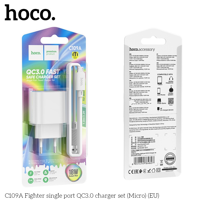 Bộ củ cáp sạc nhanh 18W, QC3.0A cổng usb ra micro, sạc nhanh điện thoại android C109A - Hàng chính hãng