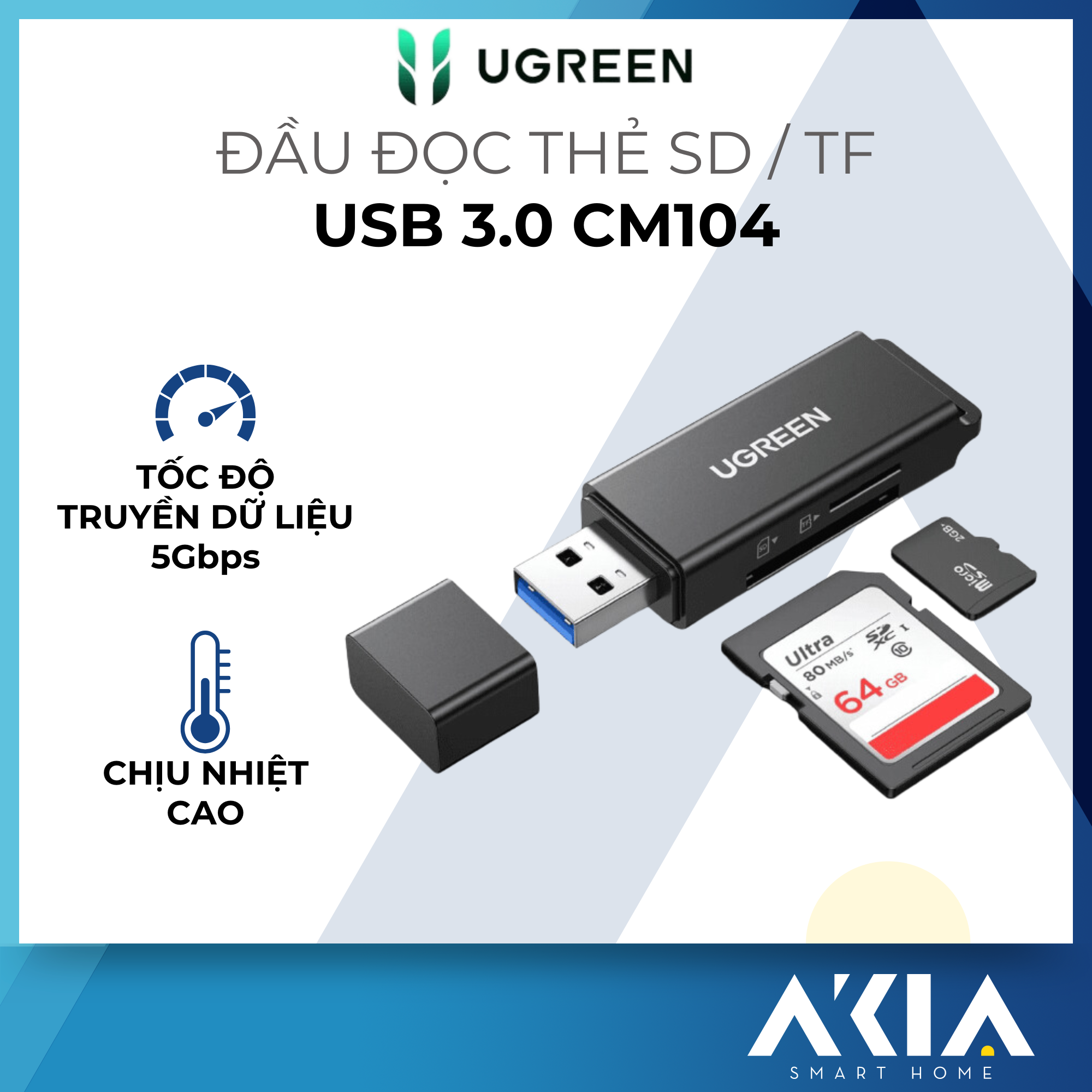 Đầu đọc thẻ SD / TF UGREEN CM104 - Chân cắm USB 3.0, Truyền tải dữ liệu nhanh chóng - Hàng chính hãng