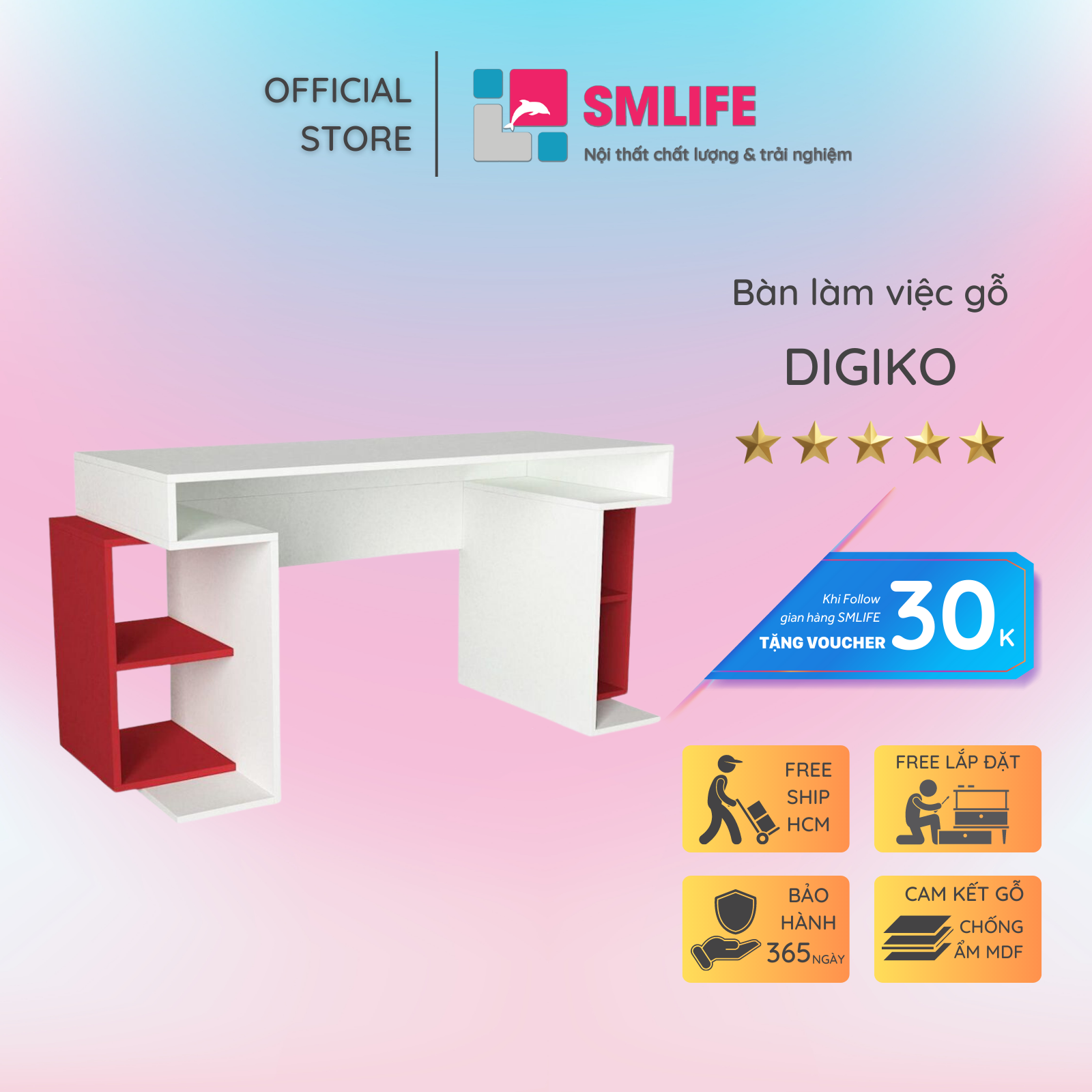 Bàn làm việc, bàn học gỗ hiện đại SMLIFE Digiko | Gỗ MDF dày 17mm chống ẩm | D140xR60xC75cm