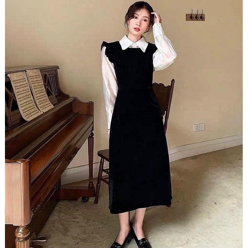 Set yếm đen áo sơ mi trắng