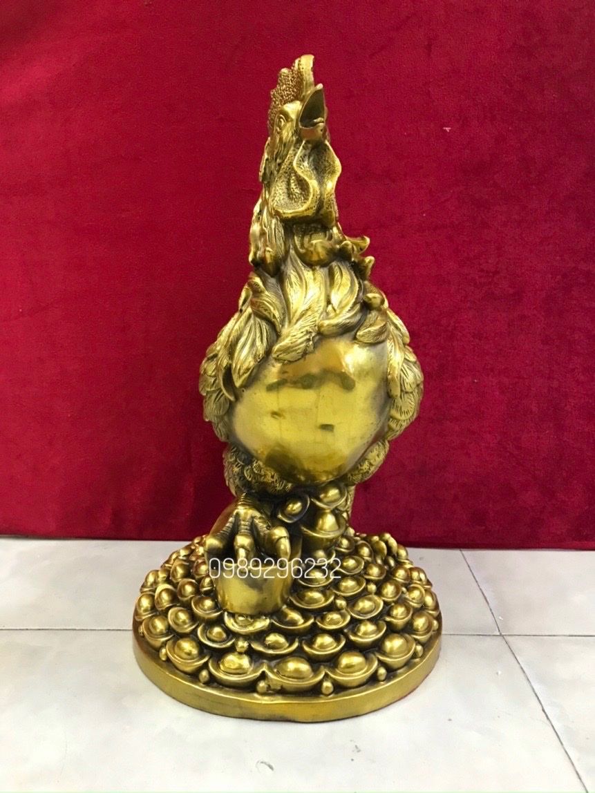 Tượng Gà đứng mâm thỏi vàng bằng đồng cỡ to cao 40cm - Gà phong thủy cỡ lớn