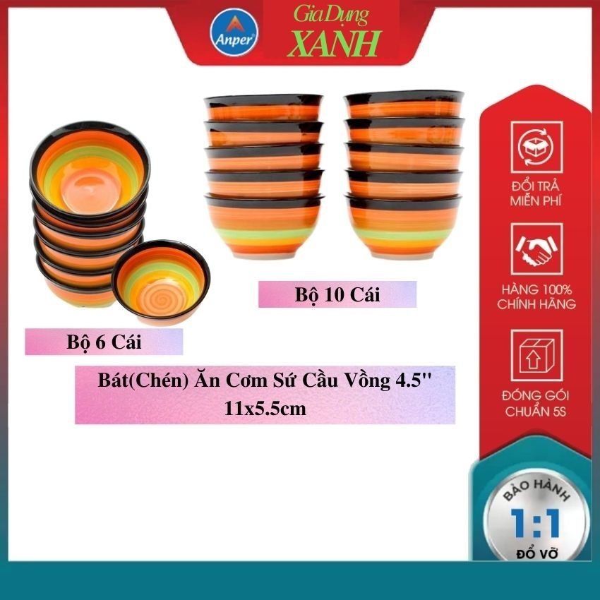 Combo 6 Bát Ăn Cơm 11 Cm chén cầu vồng Sứ Anper Kiểu Dáng Hiện Đại An Toàn Sang Trọng Chén Ăn Cơm - Bát Sứ chén ăn cơm cầu vồng chén sứ ăn cơm