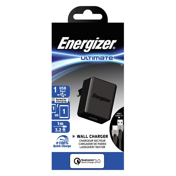 Bộ Adapter Sạc Energizer AC1Q3EUUC23 18W QC 3.0 Kèm Cáp Type C (1m) - Hàng Chính Hãng