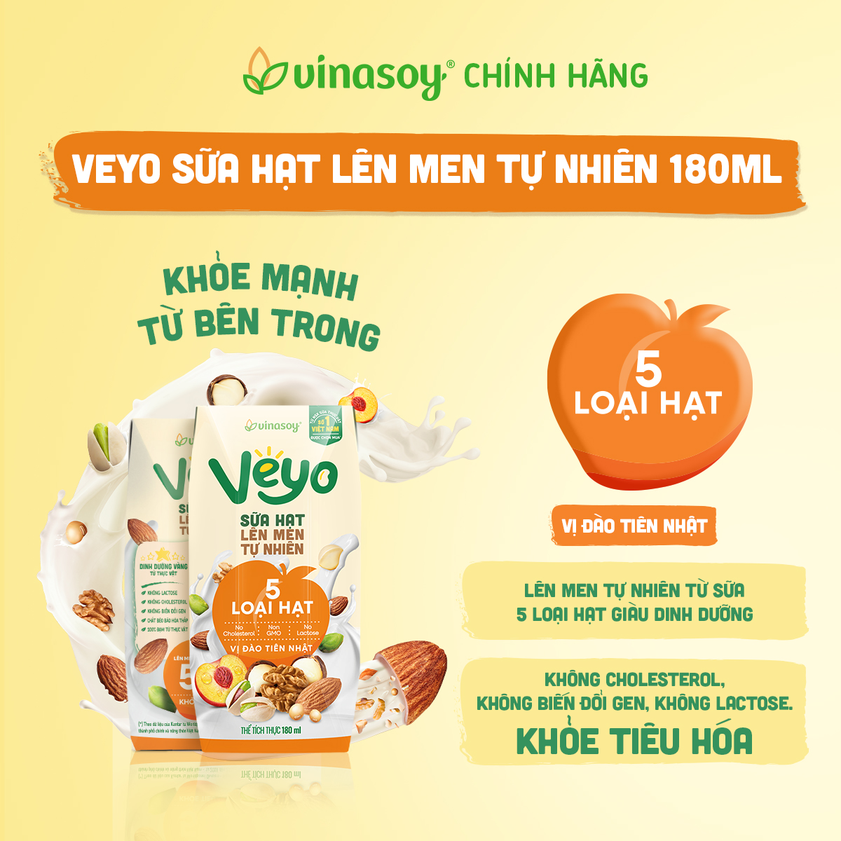 Thùng Veyo Sữa hạt lên men tự nhiên Vị Đào Tiên Nhật (30hộp x 180ml)