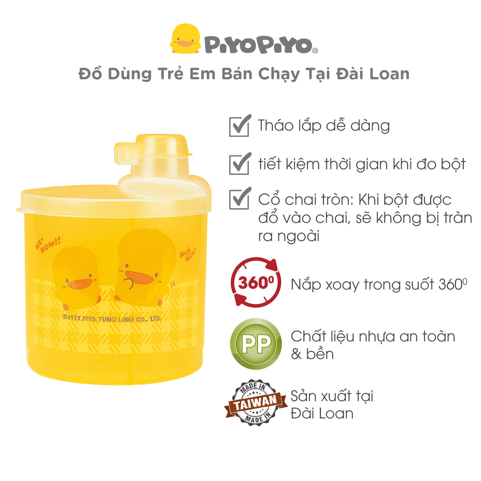 Hộp chia sữa 3 ngăn Piyo Piyo màu vàng nắp xoay 360 độ có phễu - PY830112