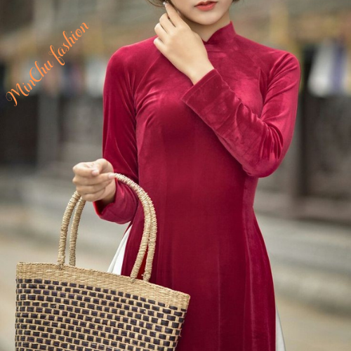 Áo dài nhung đỏ đô phong cách sang trọng quý phái- Áo dài Vân Khôi