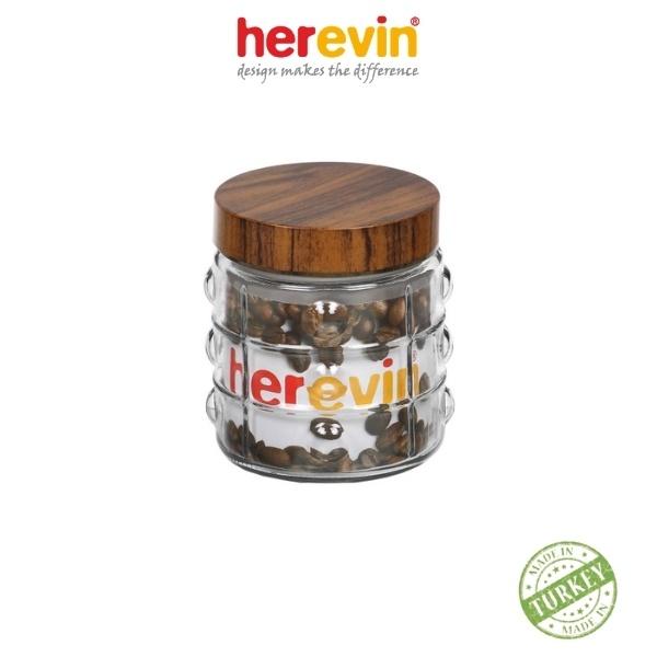 Bộ 3 Hũ Thuỷ Tinh Herevin Tròn Sọc Nắp woody 1L - HEHU231901-205