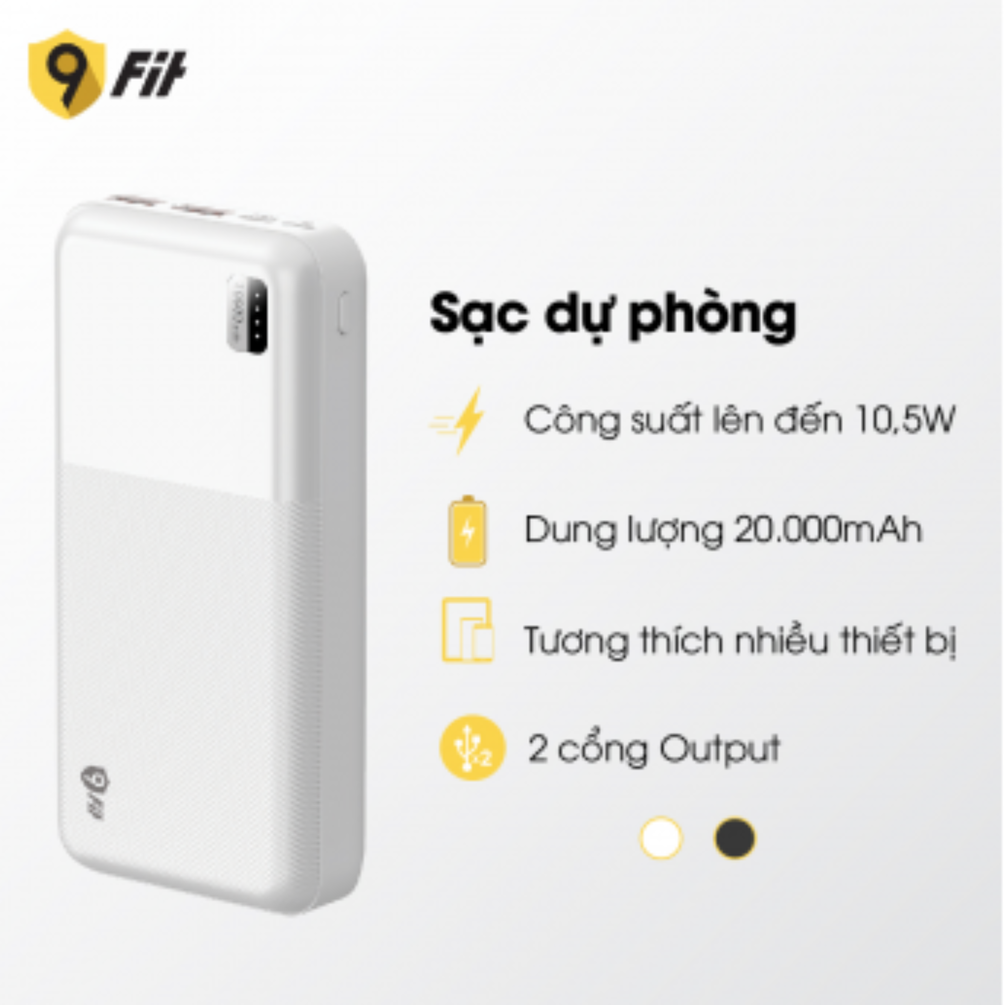 Sạc Dự Phòng 9FIT 20000mAh /3.7V Li-Polymer 9PL20K1 - hỗ trợ sạc nhanh 10,5W tích hợp 2 cổng output - Hàng chính hãng