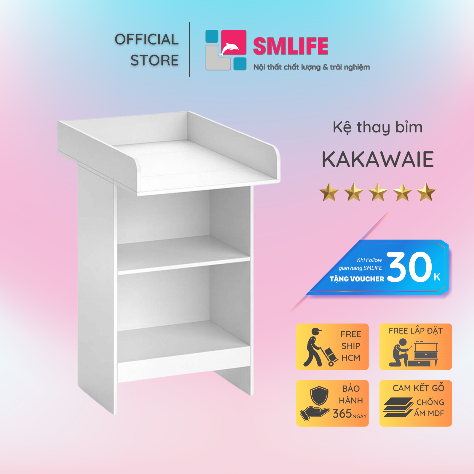 Kệ gỗ thay tã cho bé SMLIFE Kakawaie | Gỗ MDF dày 17mm chống ẩm | D60xR88xC100cm