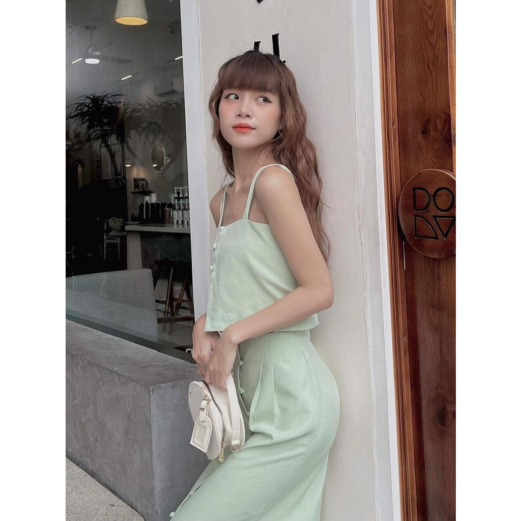 SET ÁO 2 DÂY KÈM CHÂM VÁY CÓ NÚT BỌC CHẤT LIỆU LINEN XANH VỎ ĐẬU