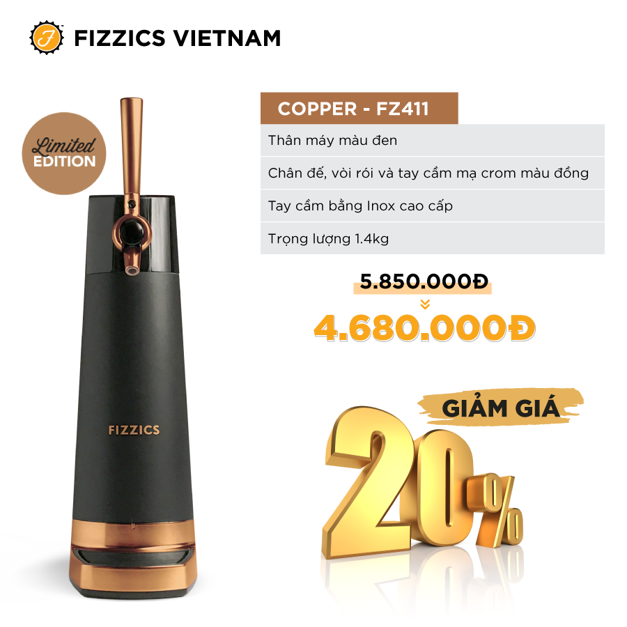 Máy Tạo Bia Tươi FIZZICS Shark Tank Mỹ - Model: COPPER FZ411 - Đen Đồng - Tạo Bia Tươi Từ Bia Lon, Bia Chai.