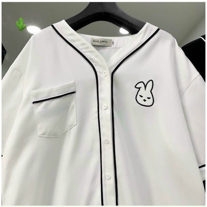 Áo sơ mi nữ tay ngắn form rộng unisex style Ulzzang Girls, áo cuban shirt, Áo Sơ Mi Tay Lỡ BUNNY Vải Kaki lụa Chéo Form Rộng Ulzzang Unisex, Áo phông cổ tim chạy viền logo thêu thỏ form rộng dài unisex kiểu Hàn Quốc